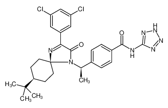4-((R)-1-((5r,8R)-8-(tert-butyl)-3-(3,5-dichlorophenyl)-2-oxo-1,4-diazaspiro[4.5]dec-3-en-1-yl)ethyl)-N-(2H-tetrazol-5-yl)benzamide 1220902-60-2