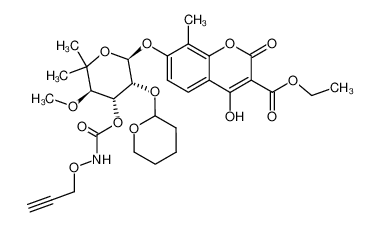 ethyl 4-hydroxy-7-(((2R,3R,4R,5R)-5-methoxy-6,6-dimethyl-4-(((prop-2-yn-1-yloxy)carbamoyl)oxy)-3-((tetrahydro-2H-pyran-2-yl)oxy)tetrahydro-2H-pyran-2-yl)oxy)-8-methyl-2-oxo-2H-chromene-3-carboxylate 229307-74-8