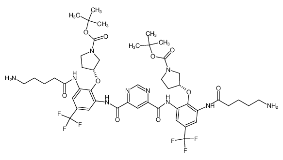 di-tert-butyl 3,3'-((((pyrimidine-4,6-dicarbonyl)bis(azanediyl))bis(6-(5-aminopentanamido)-4-(trifluoromethyl)-2,1-phenylene))bis(oxy))(3R,3'R)-bis(pyrrolidine-1-carboxylate) 1224096-05-2