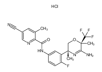 5-cyano-3-methyl-pyridine-2-carboxylic acid [3-((3R,6R)-5-amino-3,6-dimethyl-6-trifluoromethyl-3,6-dihydro-2H-[1,4]oxazin-3-yl)-4-fluoro-phenyl]-amide hydrochloride 1262855-97-9