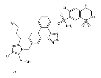 potassium,[2-butyl-5-chloro-3-[[4-[2-(1,2,3-triaza-4-azanidacyclopenta-2,5-dien-5-yl)phenyl]phenyl]methyl]imidazol-4-yl]methanol,6-chloro-1,1-dioxo-3,4-dihydro-2H-1λ<sup>6</sup>,2,4-benzothiadiazine-7-sulfonamide