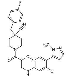 1-[6-Chloro-7-(2-methyl-2H-pyrazol-3-yl)-3,4-dihydro-2H-benzo[1,4]oxazine-2-carbonyl]-4-(4-fluoro-benzyl)-piperidine-4-carbonitrile 1229825-92-6
