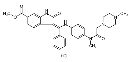 1H-Indole-6-carboxylic acid, 2,3-dihydro-3-[[[4-[methyl[2-(4-methyl-1-piperazinyl)acetyl]amino]phenyl]amino]phenylmethylene]-2-oxo-, methyl ester, hydrochloride , (3Z)-
