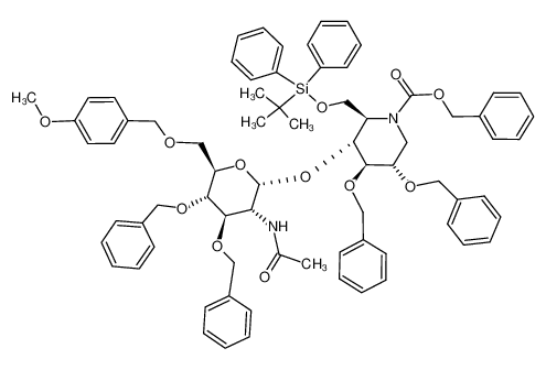 372494-07-0 4-O-(2-acetamido-3,4-di-O-benzyl-2-deoxy-6-O-p-methoxybenzyl-α-D-glucopyranosyl)-N-benzyloxycarbonyl-2,3-di-O-benzyl-6-O-tert-butyldiphenylsilyl-1,5-dideoxy-1,5-imino-D-gulcitol