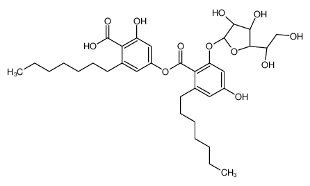 120634-85-7 4-[2-[(2S,3R,4R)-5-[(1R)-1,2-二羟基乙基]-3,4-二羟基四氢呋喃-2-基]氧基-6-庚基-4-羟基苯甲酰基]氧基-2-庚基-6-羟基苯甲酸