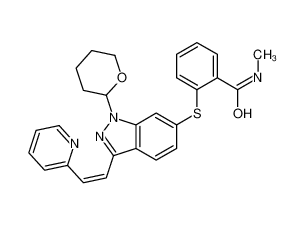 N-Methyl-2-({3-[(E)-2-(2-pyridinyl)vinyl]-1-(tetrahydro-2H-pyran- 2-yl)-1H-indazol-6-yl}sulfanyl)benzamide 885126-35-2