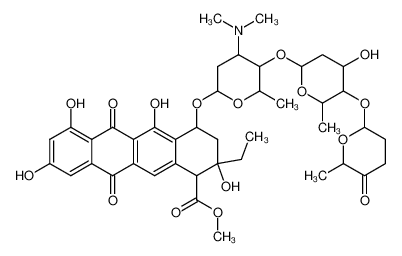 methyl 4-((4-(dimethylamino)-5-((4-hydroxy-6-methyl-5-((6-methyl-5-oxotetrahydro-2H-pyran-2-yl)oxy)tetrahydro-2H-pyran-2-yl)oxy)-6-methyltetrahydro-2H-pyran-2-yl)oxy)-2-ethyl-2,5,7,9-tetrahydroxy-6,11-dioxo-1,2,3,4,6,11-hexahydrotetracene-1-carboxylate 79127-36-9