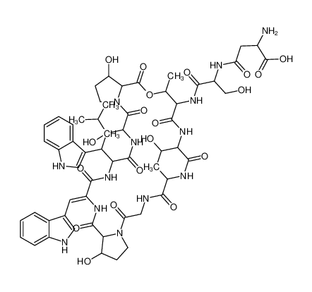 L-Proline, L-.β.-aspartyl-L-seryl-L-threonyl-L-allothreonyl-L-alanylglycyl-trans-3-hydroxy-L-prolyl-erythro-3-hydroxy-L-leucyl-.β.-methyl-L-tryptophyl-.α.,.β.-didehydro-L-tryptophyl-cis-3-hydroxy-, .β.1-lactone 19246-24-3