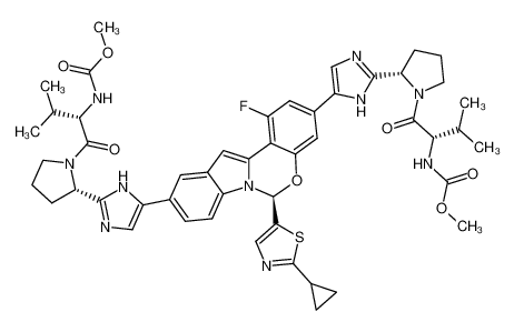 dimethyl((2S,2’S)-((2S,2’S)-2,2’-(5,5’-((S)-6-(2-cyclopropylthiazol-5-yl)-1-fluoro-6H-benzo[5,6][1,3]oxazino[3,4-a]indole-3,10-diyl)bis(1H-imidazole-5,2-diyl))bis(pyrrolidine-2,1-diyl))bis(3methyl-1oxobutane-2,1-diyl))dicarbamate 1613081-64-3