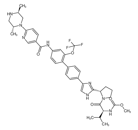 ((S)-1-{(S)-2-[4-(4'-{[6-((2R,5S)-2,5-dimethyl-piperazin-1-yl)-pyridine-3-carbonyl]-amino}-2'-trifluoromethoxy-biphenyl-4-yl)-1H-imidazol-2-yl]-pyrrolidine-1-carbonyl}-2-methyl-propyl)-carbamic acid methyl ester