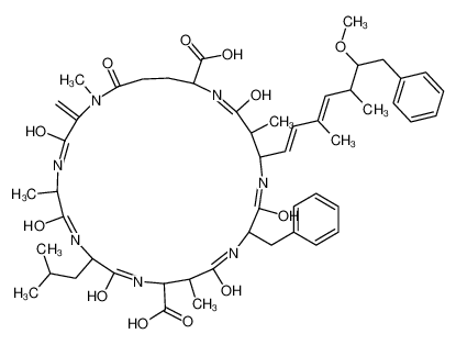 15-benzyl-18-[(1E,3E)-6-methoxy-3,5-dimethyl-7-phenylhepta-1,3-dienyl]-1,5,12,19-tetramethyl-2-methylidene-8-(2-methylpropyl)-3,6,9,13,16,20,25-heptaoxo-1,4,7,10,14,17,21-heptazacyclopentacosane-11,22-dicarboxylic acid 154037-70-4