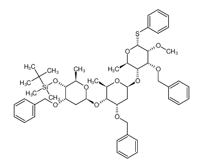 1512847-02-7 phenyl 3-O-benzyl-4-O-tert-butyldimethylsilyl-2,6-dideoxy-β-D-ribohexapyranosyl-(1→4)-3-O-benzyl-2,6-dideoxy-β-D-ribo-hexapyranosyl-(1→4)-3-O-benzyl-6-deoxy-2-O-methyl-1-thio-α-D-ribohexopyranoside