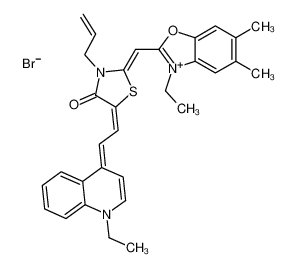 2-[(3-ethyl-5,6-dimethyl-1,3-benzoxazol-2-ylidene)methyl]-5-[2-(1-ethylquinolin-4-ylidene)ethylidene]-3-prop-2-enyl-1,3-thiazol-3-ium-4-one,bromide 93857-83-1