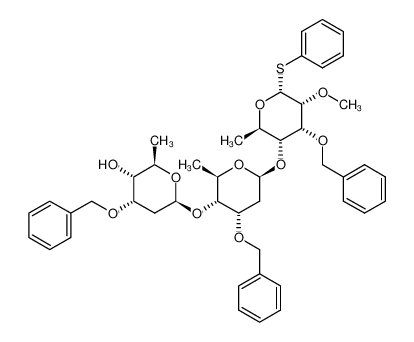 1512847-08-3 (2R,3R,4S,6S)-4-(benzyloxy)-6-(((2R,3R,4S,6S)-4-(benzyloxy)-6-(((2R,3R,4R,5R,6R)-4-(benzyloxy)-5-methoxy-2-methyl-6-(phenylthio)tetrahydro-2H-pyran-3-yl)oxy)-2-methyltetrahydro-2H-pyran-3-yl)oxy)-2-methyltetrahydro-2H-pyran-3-ol