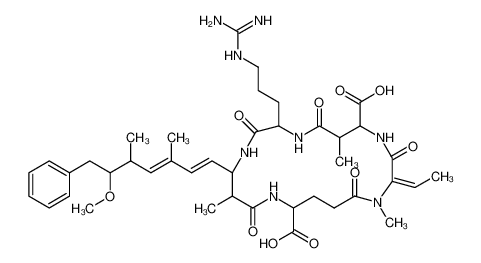 (2Z,5R,6S,9S,12S,13S,16R)-9-[3-(diaminomethylideneamino)propyl]-2-ethylidene-12-[(1E,3E,5S,6S)-6-methoxy-3,5-dimethyl-7-phenylhepta-1,3-dienyl]-1,6,13-trimethyl-3,7,10,14,19-pentaoxo-1,4,8,11,15-pentazacyclononadecane-5,16-dicarboxylic acid 118399-22-7