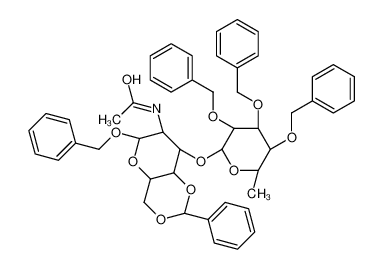 Benzyl 2-acetamido-4,6-O-benzylidene-2-deoxy-3-O-[(5ξ)-2,3,4-tri- O-benzyl-6-deoxy-β-D-lyxo-hexopyranosyl]-α-D-threo-hexopyranoside<wbr 196941-73-8