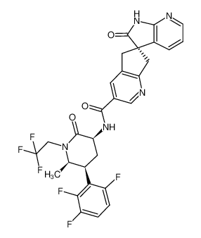 (S)—N-((3S,5S,6R)-6-methyl-2-oxo-1-(2,2,2-trifluoroethyl)-5-(2,3,6-trifluorophenyl)piperidin-3-yl)-2’-oxo-1’,2’,5,7-tetrahydrospiro[cyclopenta[b]pyridine-6,3’-pyrrolo[2,3-b]pyridine]-3-carboxamide 1374248-81-3