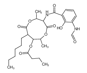 [3-[(3-formamido-2-hydroxybenzoyl)amino]-8-hexyl-2,6-dimethyl-4,9-dioxo-1,5-dioxonan-7-yl] butanoate 27220-57-1