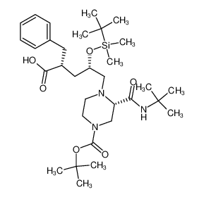 174139-99-2 2(R)-(phenylmethyl)-4(S)-<(tert-butyldimethylsilyl)oxy>-5-<1-<4-<(1,1-dimethylethoxy)carbonyl>-2(S)-(N-tert-butylcarbamoyl)piperazinyl>>pentanoic acid