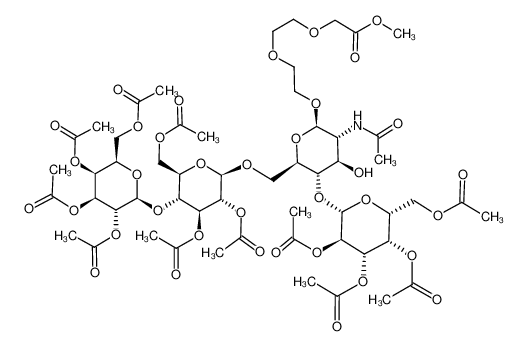 106256-84-2 7-methoxycarbonyl-3,6-dioxaheptyl 2-acetamido-2-deoxy-4-O-(2,3,4,6-tetra-O-acetyl-β-D-galactopyranosyl)-6-O-<2,3,6-tri-O-acetyl-4-O-(2,3,4,5,6-tetra-O-acetyl-β-D-galactopyranosyl)-β-D-glucopyranosyl>-β-D-glucopyranoside