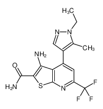 3-Amino-4-(1-ethyl-5-methyl-1H-pyrazol-4-yl)-6-(trifluoromethyl)t hieno[2,3-b]pyridine-2-carboxamide 1005566-12-0